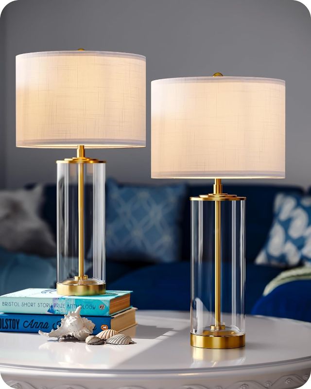 Photo 1 of EDISHINE 23.6IN Glass Table Lamp DIY Fillable Base, White Linen Lampshade Table Lamp Set of 2, Tall Bedside Lamp for Living Room Bedrooms Bedside, Rotary Switch, UL Listed
