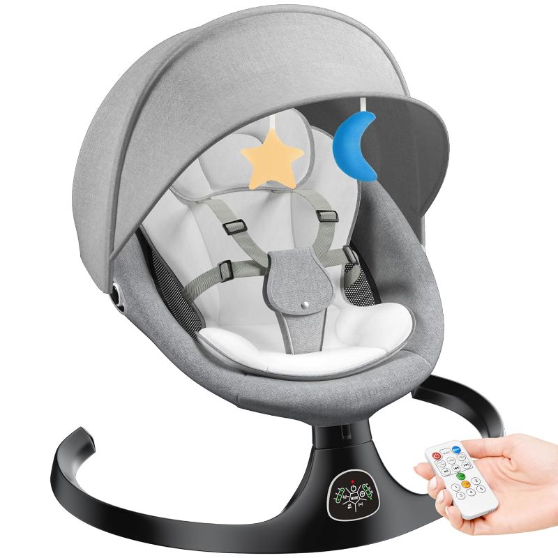 Photo 1 of Electric Baby Swing for Infants, Baby Rocker for Infants with 5 Speeds, 10 Lullabies, Adapter & Battery Operated, Indoor & Outdoor Use, Remote Control, Gray

