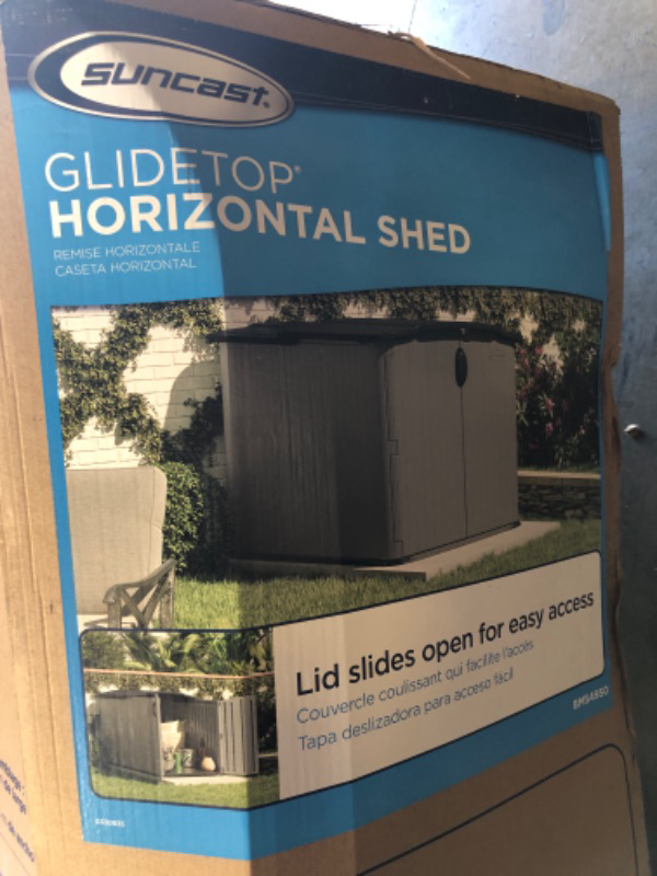 Photo 3 of Suncast Glidetop Horizontal Outdoor Storage Shed with Pad-Lockable Sliding Lid and Doors, All-Weather Shed for Yard Storage, 57.5" W x 79.75" D x 52" H