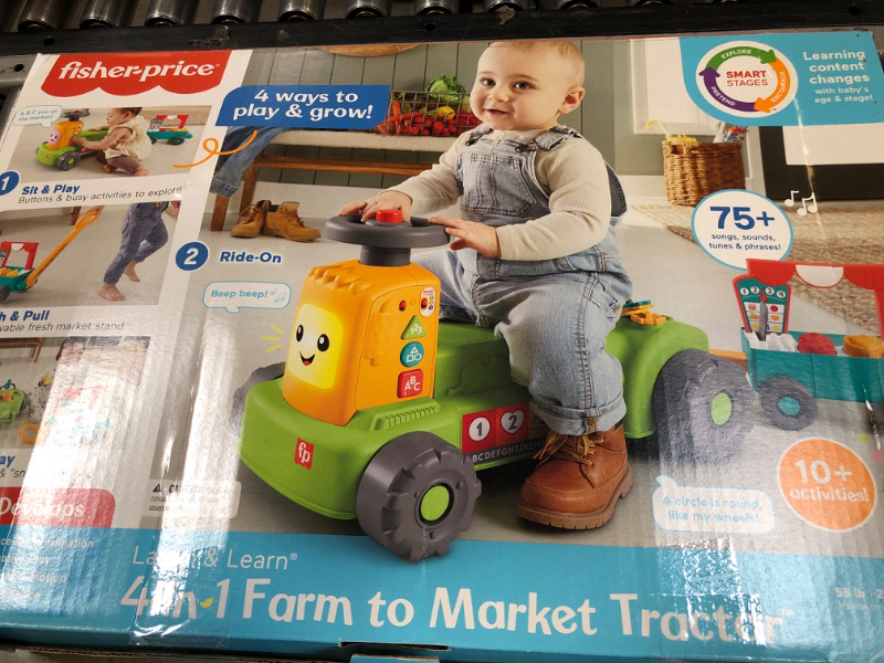 Photo 4 of Fisher-Price Baby to Toddler Toy Laugh & Learn 4-in-1 Farm to Market Tractor Ride On with Pull Wagon & Smart Stages for Infants Ages 9+ Months