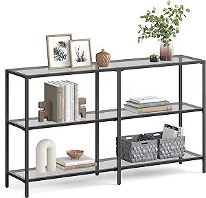 Photo 1 of VASAGLE 51.2 Inch Console Table with 3 Shelves, Sofa Table, Entryway Table, Metal Frame, Tempered Glass Shelf, Modern Style, for Entryway Living Room Bedroom, Classic Black and Slate Gray ULGT024B61 11.8 x 51.2 x 28.7 Inches Classic Black + Slate Gray