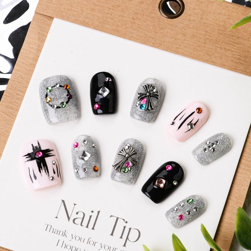 Photo 1 of Press on Nails Short Square Fake Nails with Design, 100% Handmade Reusable Pre-shaped Full Cover Fake Nails Stick on Nails for Women, 10pcs Gel UV Finish Nail Art with Pink-church Design
