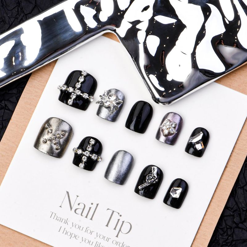 Photo 1 of Press on Nails Short Square Fake Nails with Design, 100% Handmade Reusable Pre-shaped Full Cover Fake Nails Stick on Nails for Women, 10pcs Gel UV Finish Nail Art with Vengeance-church Design
