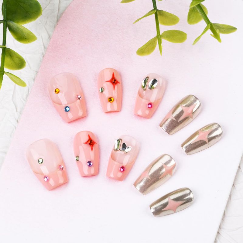 Photo 1 of Press on Nails Short Coffin Fake Nails with Design, 100% Handmade Reusable Pre-shaped Full Cover Fake Nails Stick on Nails for Women, 10pcs Gel UV Finish Nail Art with Pink-star Design
