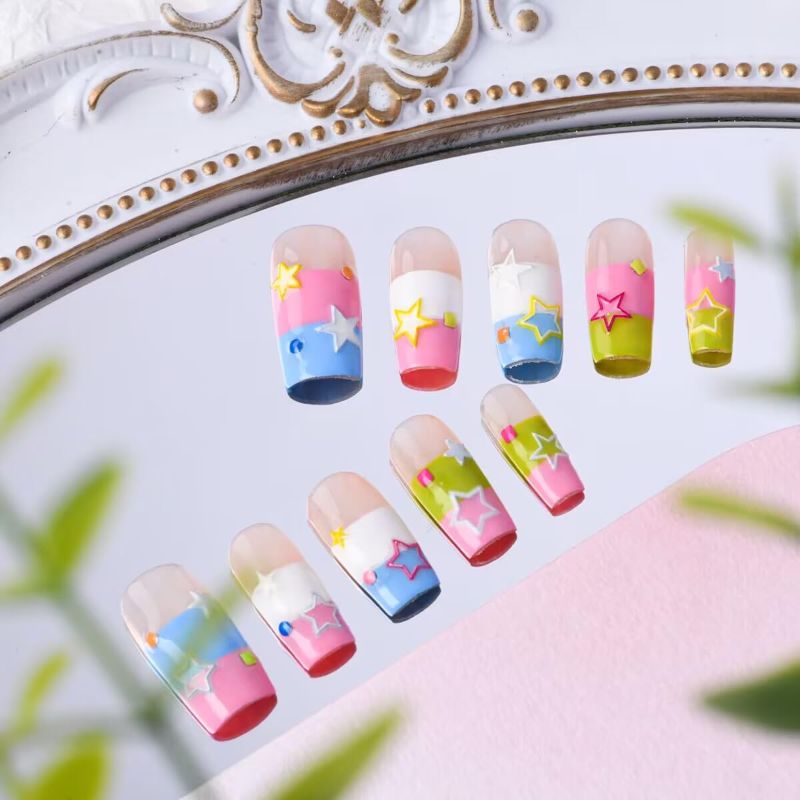 Photo 1 of Press on Nails Medium Square Fake Nails with Design, 100% Handmade Reusable Pre-shaped Full Cover Fake Nails Stick on Nails for Women, 10pcs Gel UV Finish Nail Art with Candy Star Design

