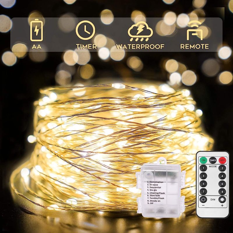 Photo 1 of 33ft 100 LED Outdoor String Lights, Warm White Fairy Lights Battery Operated with Remote, Led Twinkle Lights for Bedroom, Dorm, Backyard, Wedding, Tree, Mason Jar, Wall, Christmas
