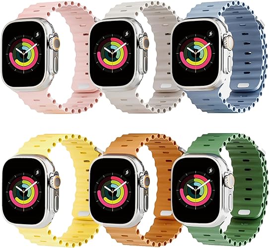 Photo 1 of 6 Pack Ultra Ocean Band Compatible With Apple Watch Band 49 45 44 42 41 40 38mm, Soft Silicone Waterproof Sports Band For Women And Men For Apple Watch Band Series 8 7 SE 6 5 4 3 2 1
 