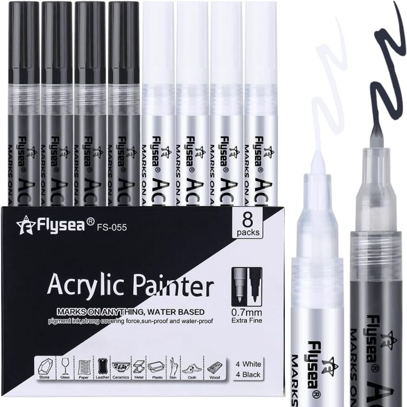 Photo 1 of  Acrylic Paint Pens Black and White  Extra Fine for Rock Painting, Stone, Ceramic,Glass, Wood, Tire, Paper, Blackboard, Fabric, Metal, Canvas,Paper,DIY Art 