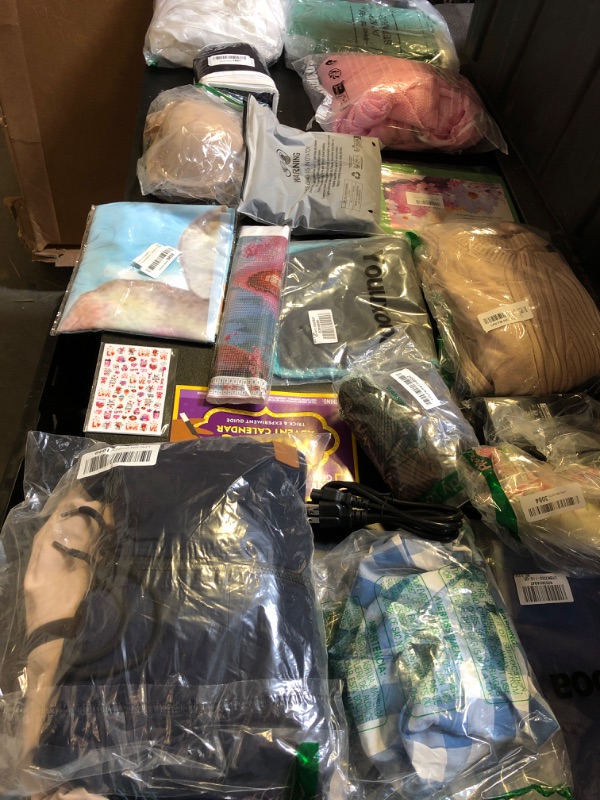 Photo 1 of mystery box lot filled with random items used / new clothing includes nail art stickers pink knitted cardigan sold as is no returns or exchanges 