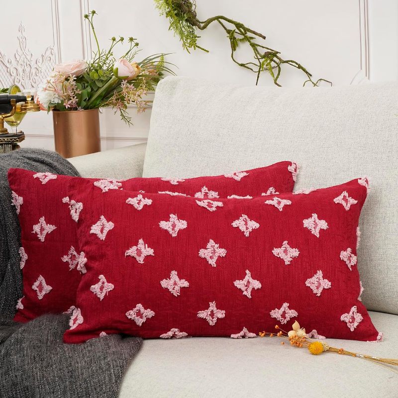 Photo 1 of Decorative Throw Pillow Covers Rhombic Jacquard Pillowcase Soft Square Cushion Case for Couch Sofa Bed Bedroom Living Room (12 X 20, Wine Red) 