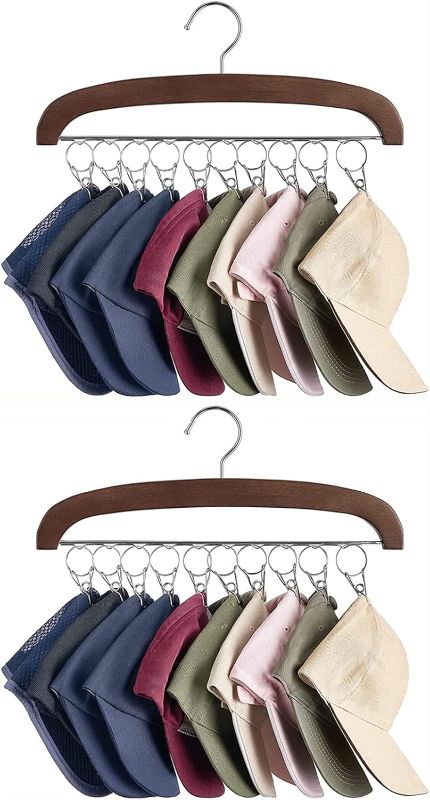 Photo 1 of Dahey Hat Organizer Hanger for Closet 2 Pack Wooden Hat Racks for Baseball Caps Hat Holder Storage with 20 Stainless Steel Clips, Fits All Caps
 