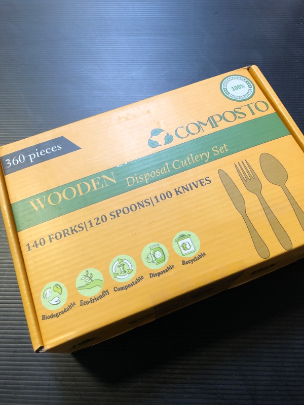 Photo 2 of Composto Disposable Wooden Cutlery Set (360 PCS) - Natural Eco Friendly Party Pack of Birchwood Knives, Forks & Spoons - Lightweight, Durable & Safe Tableware for Home, Office, Picnic & Outdoor Party