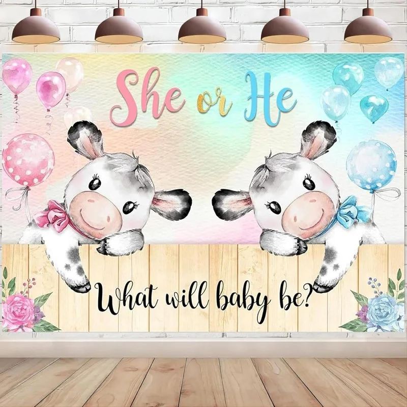 Photo 1 of Cow Gender Reveal Backdrop 7Wx5H Photography He or She Blue or Pink Cute Cartoon Calf Wood Fence Background What Will Baby Be Ballon Party Decorations Banner Photo Booth Props Supplies