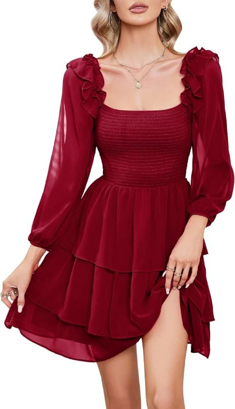 Photo 1 of Byinns Women's Smocked Ruffle Mini Dress Square Neck Long Sleeve Party Dress Cute Cottagecore Wedding Guest Dress
  LARGE 