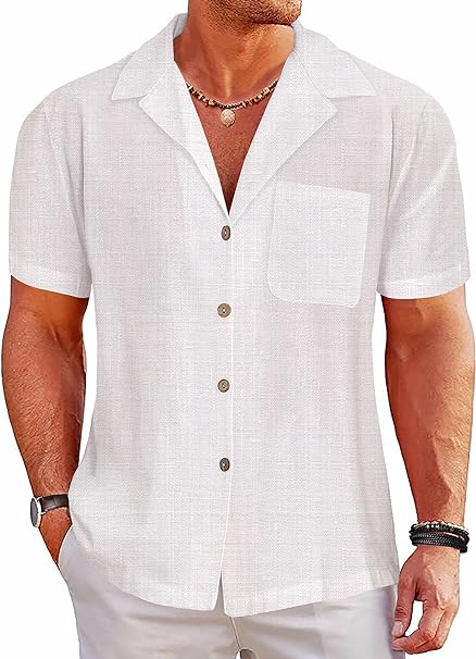 Photo 1 of xxl Men's Cotton Linen Short Sleeve Button Down Shirts Casual Summer Top Vacation Hawaiian Beach Outfits
 