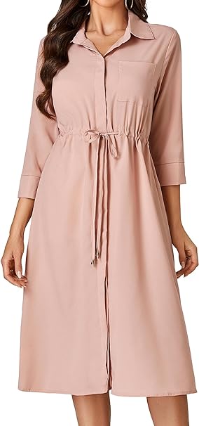 Photo 1 of Women's Casual Collared 3/4 Sleeve Drawstring Tie Waist Button Down Midi Dress l 
 