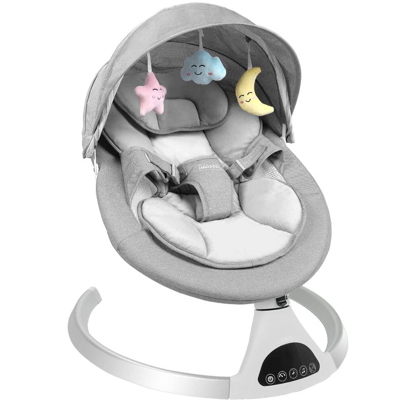 Photo 1 of Electric Baby Swing for Infants to Toddler, Portable Babies Swinger for Newborn Boy and Girls with 5 Speed, Remote Control Music Speaker with 12 Lullabies and Bluetooth (Grey)
