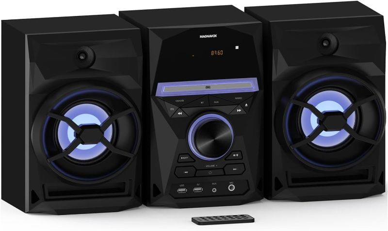 Photo 1 of Magnavox 3-Piece CD Shelf System with Bluetooth, FM Radio, Remote Control, Colored Speaker Lights, LED Display, AUX Port - Black
