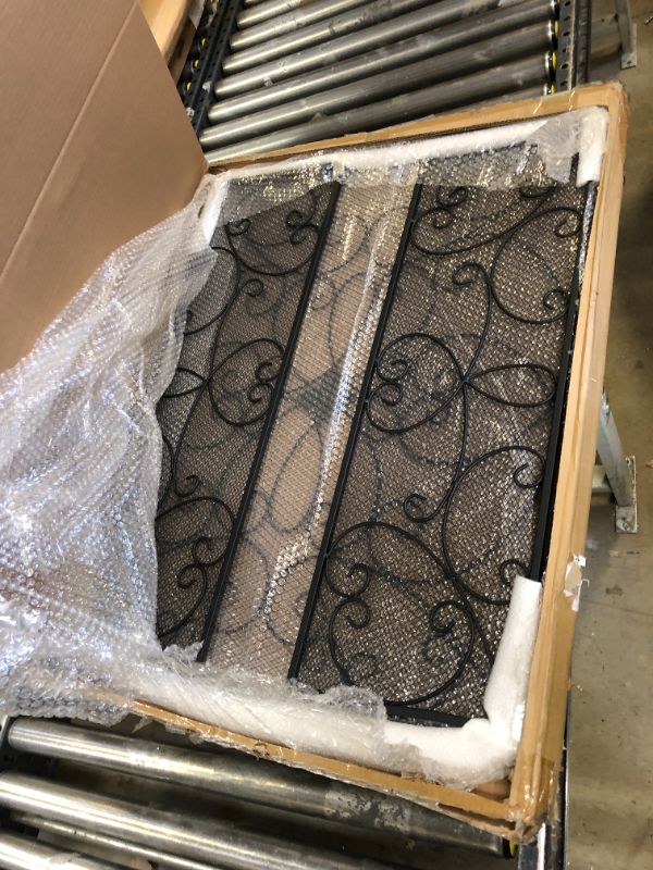 Photo 1 of POWLAB Black Fireplace Screen 50 x 36Inch Large 3 Panel Foldable Wrought Iron Free Standing Fireplace Screen Rustic Vintage Arched Mesh Furnace Fireguards Outdoor Iron Protector Fireplace Cover Flower Style(50‘’L * 36‘’H)