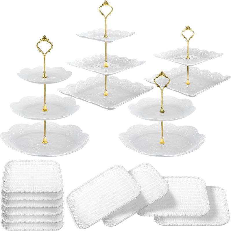 Photo 1 of 14 Pieces Tiered Cupcake Stand Set Gold 2-Tier 3-Tier Serving Stand Tower Tray with Round Rectangle Food Serving Trays Long Slim Dessert Stand for Party Baby Shower Wedding (White Lace Style)
