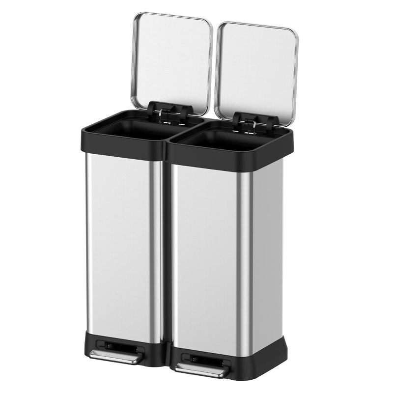Photo 1 of 16 Gallon Dual Trash and Recycling Bin, Fingerprint Proof Stainless Steel Kitchen Garbage Can with Double Lid, Hands-Free Step Rubbish Bin Without Inner Bucket for Kitchen Home Office
