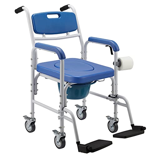 Photo 1 of Homguava Bedside Commode Chair, 4 in 1 Shower Commode Wheelchair Rolling Transport Chair Toilet with Arms for Seniors and Disabled Weight Capacity 350lbs (Blue)
