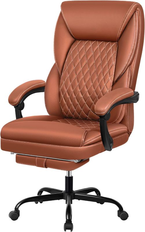 Photo 1 of Office Chair, Big and Tall Office Chair Executive Office Chair with Foot Rest Ergonomic Office Chair Home Office Desk Chairs Reclining High Back Leather Chair with Lumbar Support (Brown)
