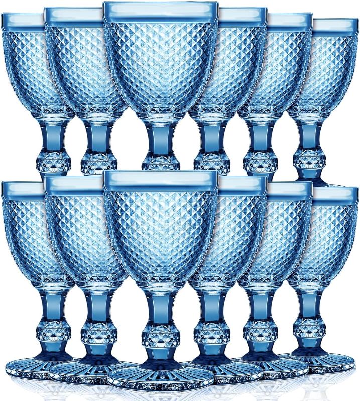 Photo 1 of 12 Pack Wine Glasses Red Wine Glass Goblets High Clear Wine Glass 10 oz Vintage Glass Goblet Embossed Diamond Design Glassware Goblet with Stem for Juice Liquor Party Wedding Bar (Sapphire)
