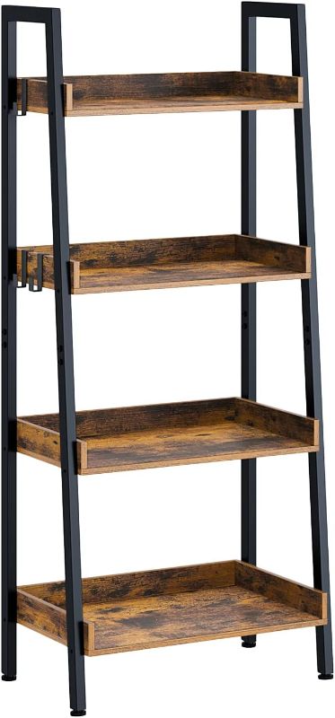 Photo 1 of Rolanstar Bookshelf, 4 Tier Ladder Bookshelf with 3 Hooks, Industrial Bookcases, Freestanding Display Plant Shelves with Metal Frame for Living Room, Rustic Brown

