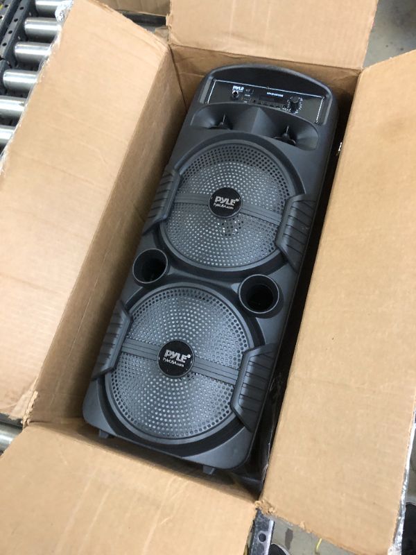 Photo 2 of Pyle Portable Bluetooth PA Speaker System - 600W Rechargeable Outdoor Bluetooth Speaker Portable PA System w/ Dual 8” Subwoofer 1” Tweeter, Microphone In, Party Lights, USB, Radio, Remote - PPHP2835B