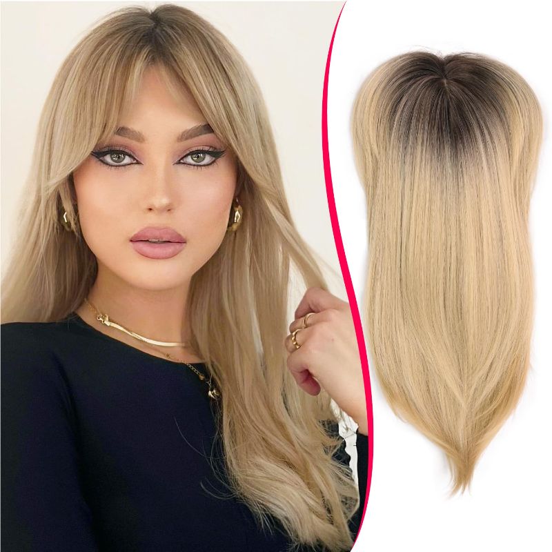 Photo 1 of Long Layered Hair Toppers with Curtain Bangs Ombre Blonde with Dark Root Clip in Synthetic Wiglets Hair Pieces for Women with Thinning Hair 
