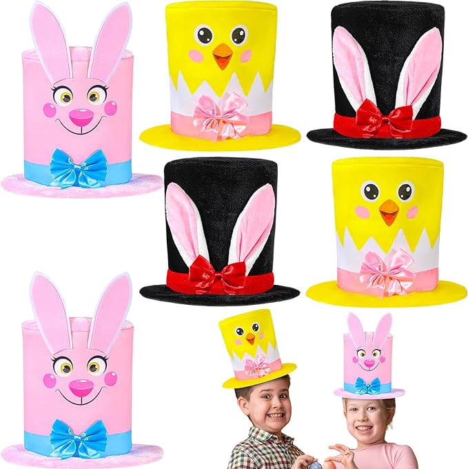 Photo 1 of 2packs 6 Pcs Easter Top Hat Rabbit Black Topper Plush Hat with Rabbit Bunny, Chick Headband for Hat & Mask Pretend Play, Dress up Party Accessory, and Easter Theme Party
