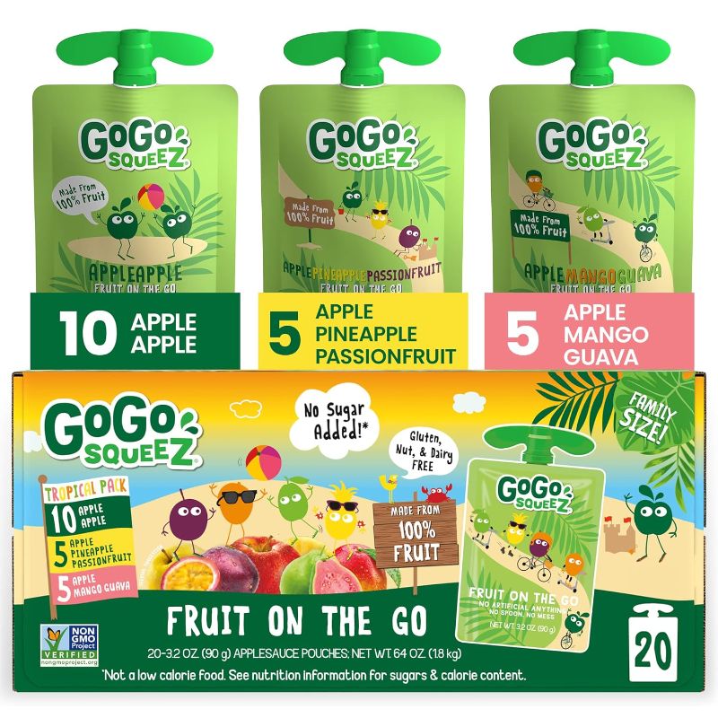 Photo 1 of exp 8/24 GoGo squeeZ Fruit on the Go Kids Snacks Variety Pack, 3.2 oz. (20 Pouches) - Apple Apple, Apple Pineapple Passion Fruit, Apple Mango Guava Flavors - Nut Free, Dairy Free, Gluten Free Snacks for Kids Tropical Variety Pack