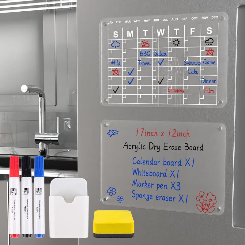 Photo 1 of Acrylic Magnetic Dry Erase Board for Fridge, 17''x12'' Clear Note Board with Calender 2 Set Including 3 Color Makers, Pen Holder and Eraser
