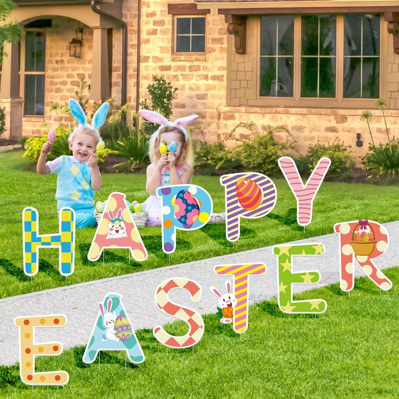 Photo 1 of 2 packs 11Pcs Happy Easter Yard Signs,"HAPPY EASTER" Yard Signs Bunny Eggs Colorful Holiday Party Supplies Outdoor Decor Lawn Signs with Stakes for Spring Easter Party Home Holiday Pathway Garden Sign
