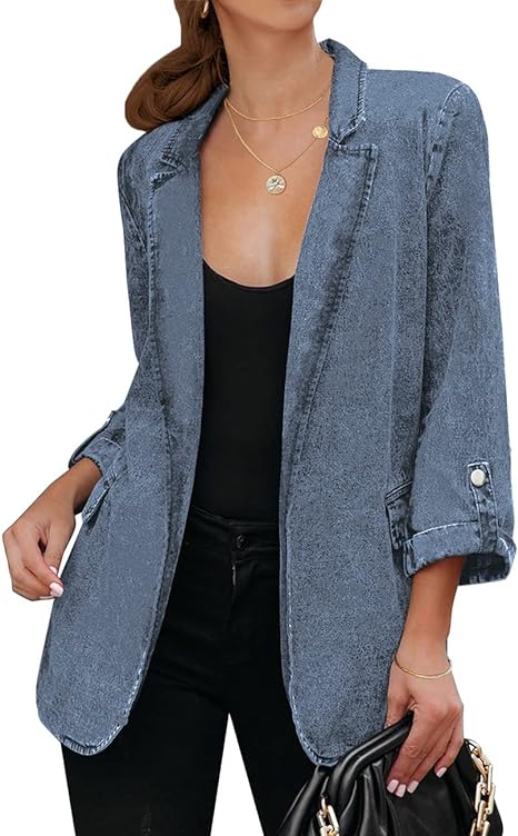 Photo 1 of Small Vetinee Women's Open Front Denim Blazer Suit Lapel Washed Rolled Sleeve Jean Jacket Cardigan

