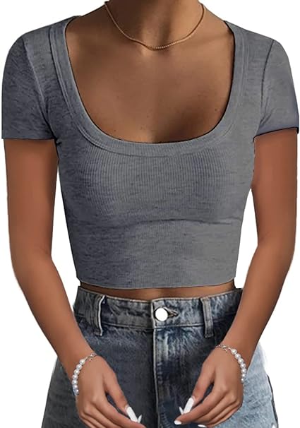 Photo 1 of 2XL Women's Short Sleeve Square Neck Cropped T Shirts Slim Fit Ribbed Knit Basic Crop Tops

