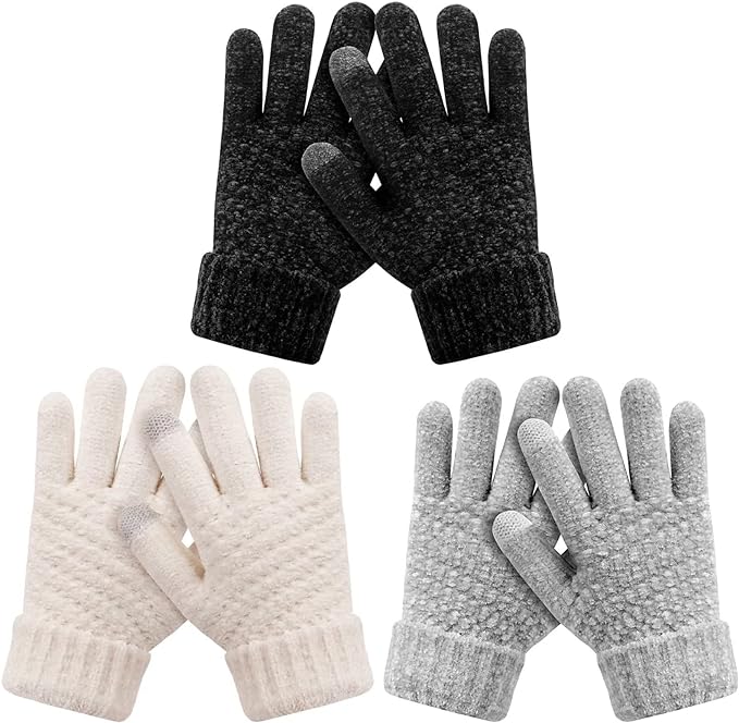 Photo 1 of 3-8Y Kids Winter Gloves 3 Pairs, Knit Gloves Cold weather, Children Warm Touchscreen Gloves, Toddler Gloves Teen Girls Boys
