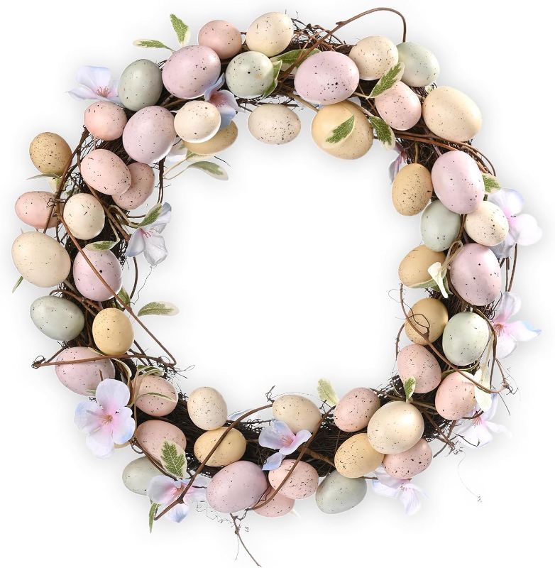 Photo 1 of Colorful Easter Egg Wreath, 13Inch Artificial Easter Wreaths for Front Door, Hanging Spring Wreath with Pastel Easter Eggs, Green Leaves and Flowers for Wall Window Party Decor
