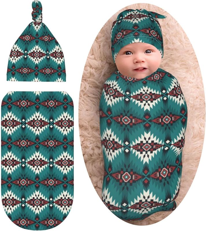 Photo 1 of Western babay Stuff Aztec Navajo Newborn Baby Swaddle Blanket Native Southwest Sleep Wrap Receiving Blanket with Beanie Hat Set for Boys Girls Infant Soft Stretchy Sack Gifts

