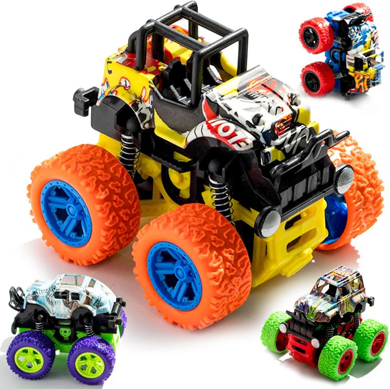 Photo 1 of Monster Truck Toy Cars Girls Boys 4 Pack for Toddlers Boys Gifts 2 3 4 5 6 7 Years Old 360 Rotation Car Toys for Girls Boys Cars for Toddlers Pull Back

