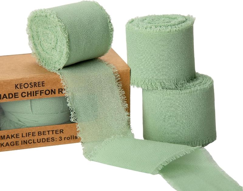 Photo 1 of 3 Rolls Sage Green Handmade Chiffon Ribbon,1.5" x 21Yd Frayed Fringe Silk Ribbons (3 Rolls *7Yd) for Gifts Wrapping, Wedding Invitations, Bridal Bouquets, Decorations
