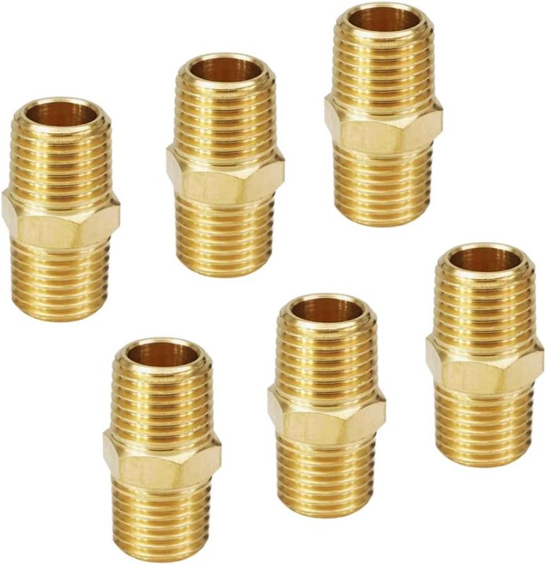 Photo 1 of HQMPC Solid Brass Pipe Fitting Gas Connect Adapter Brass Union Coupler Adapter Gas x Flare Fittings Male Pipe, Hex Nipple 1/4"NPT 6Pcs
 