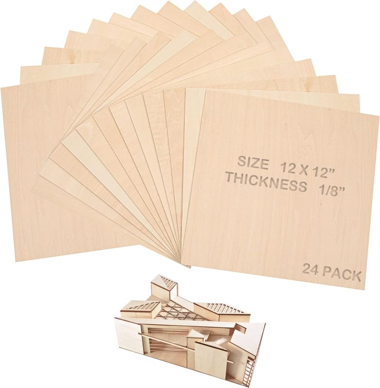 Photo 1 of (24-Pack) 12”x12”x1/8” Balsa Sheets for Crafts - Perfect for Architectural Models Drawing Painting Wood Engraving Wood Burning Laser Scroll Sawing
