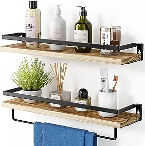 Photo 1 of **USED** AMADA HOMEFURNISHING Floating Shelves, Bathroom Shelf with Towel Bar, Wall Shelves for Bathroom/Living Room/Kitchen/Bedroom, Light Brown Shelves Set of 2 - AMFS01