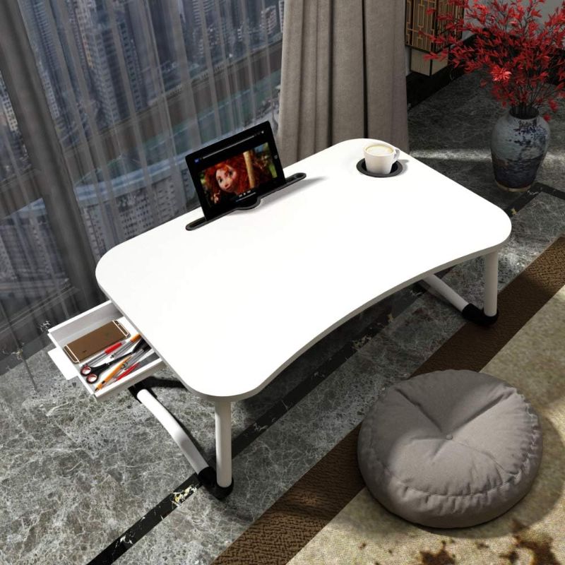 Photo 1 of Home Office Lap Desk with Storage Drawer, Tablet and Cup Holders, Laptop Bed Tray Table, 23.6" Foldable Laptop Desk, Laptop Stand for Working, Writing, Gaming and Drawing, White Top White Legs