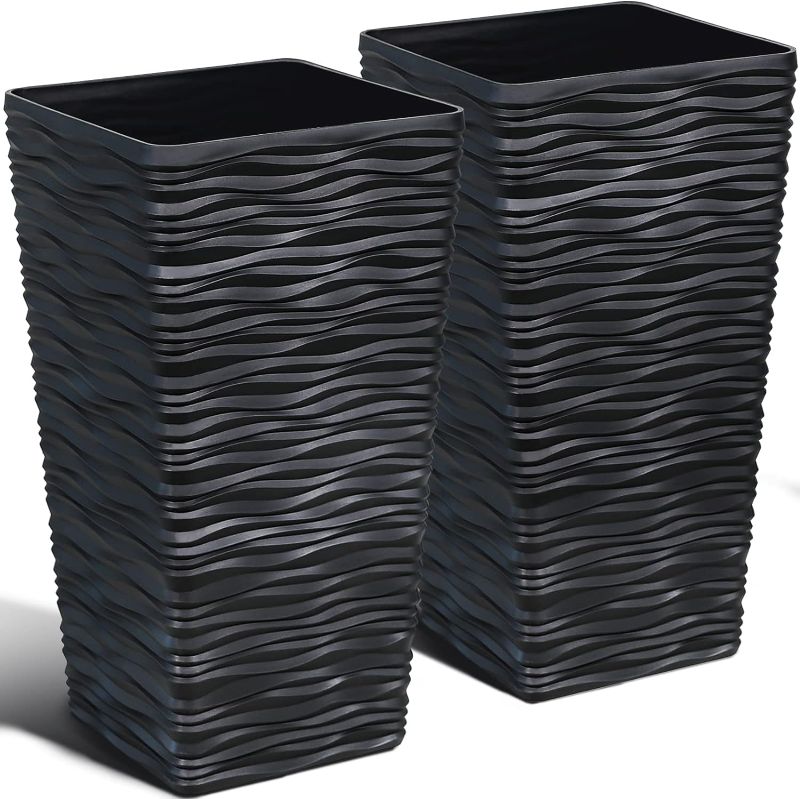 Photo 1 of ***ONLY ONE*** Worth Garden Black Tall Tree Planter - Plastic Square Tapered Plant Pots for Indoor Outdoor - 22" H - Modern Wavy Finish Decorative Flower Pots for Front Porch Containers Patio Deck
