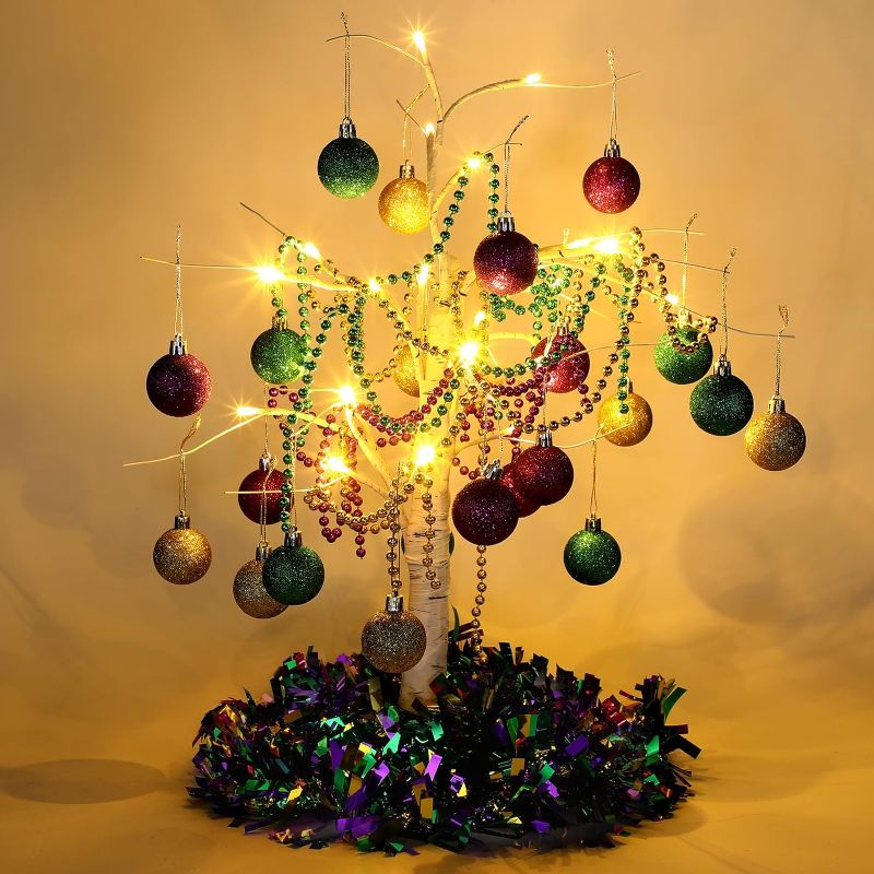 Photo 1 of Capoda 32 Pcs Mardi Gras Party Lighted Birch Tree Decoration Mardi Gras LED Birch Tree Light with Carnival Beads Necklaces Bulk Masquerade Tree Ball Ornaments for Mardi Gras Party Themed Home Decor