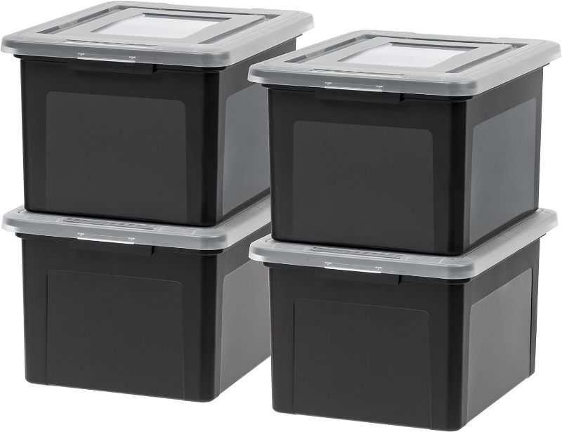 Photo 1 of IRIS USA Letter/Legal File Tote Box, 4 Pack, BPA-Free Plastic Storage Bin Tote Organizer with Durable and Secure Latching Lid, Stackable and Nestable, Black/Clear