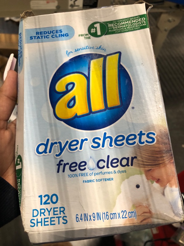 Photo 1 of All Fabric Softener Dryer Sheets for Sensitive Skin, Free Clear, 120 Count